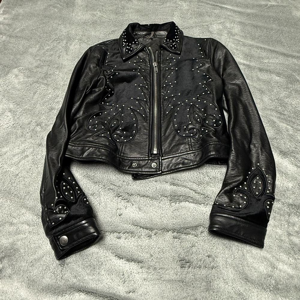 Free People Womens Small Black Faux Leather Studded Biker Jacket Rockabilly
